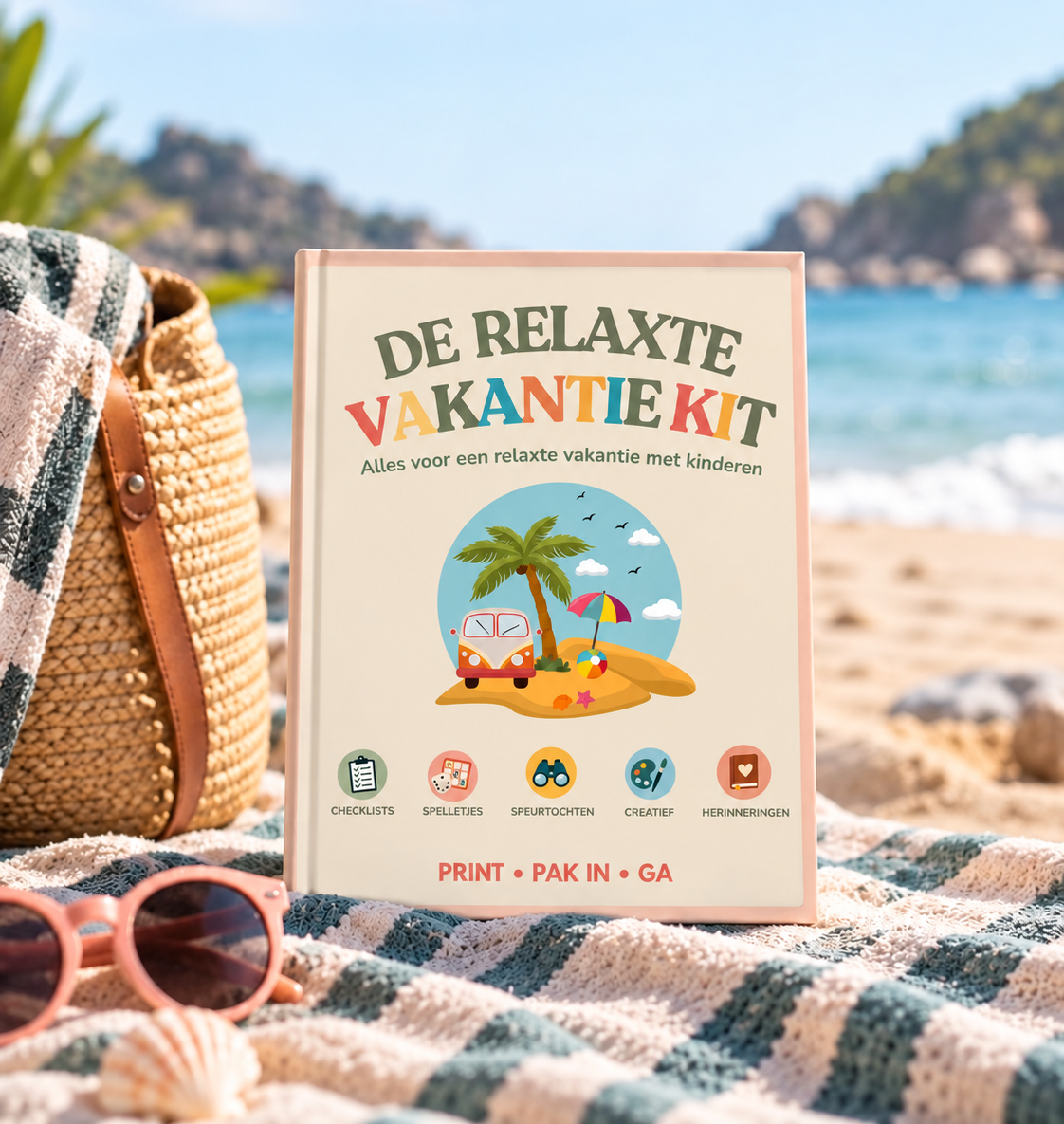 De Relaxte Vakantie Kit op een strandhanddoek met rieten tas en zonnebril